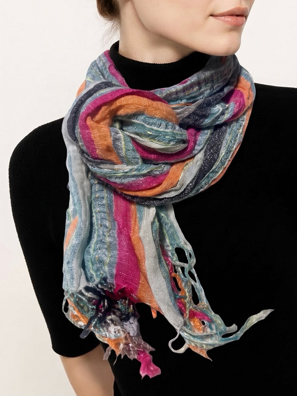 Vibrant Multicolor Striped Women's Scarf in Pink, Orange & Blue